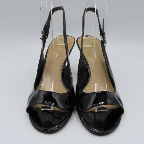 Via Spiga Womens 9 M Black Patent Leather Open Toe Slingback High Heels Buckle - Picture 2 of 12